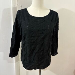 Gap Black Boho Cotton Semi Sheer Embroidery Eyelet 3/4 Sleeve Casual Blouse Sz S